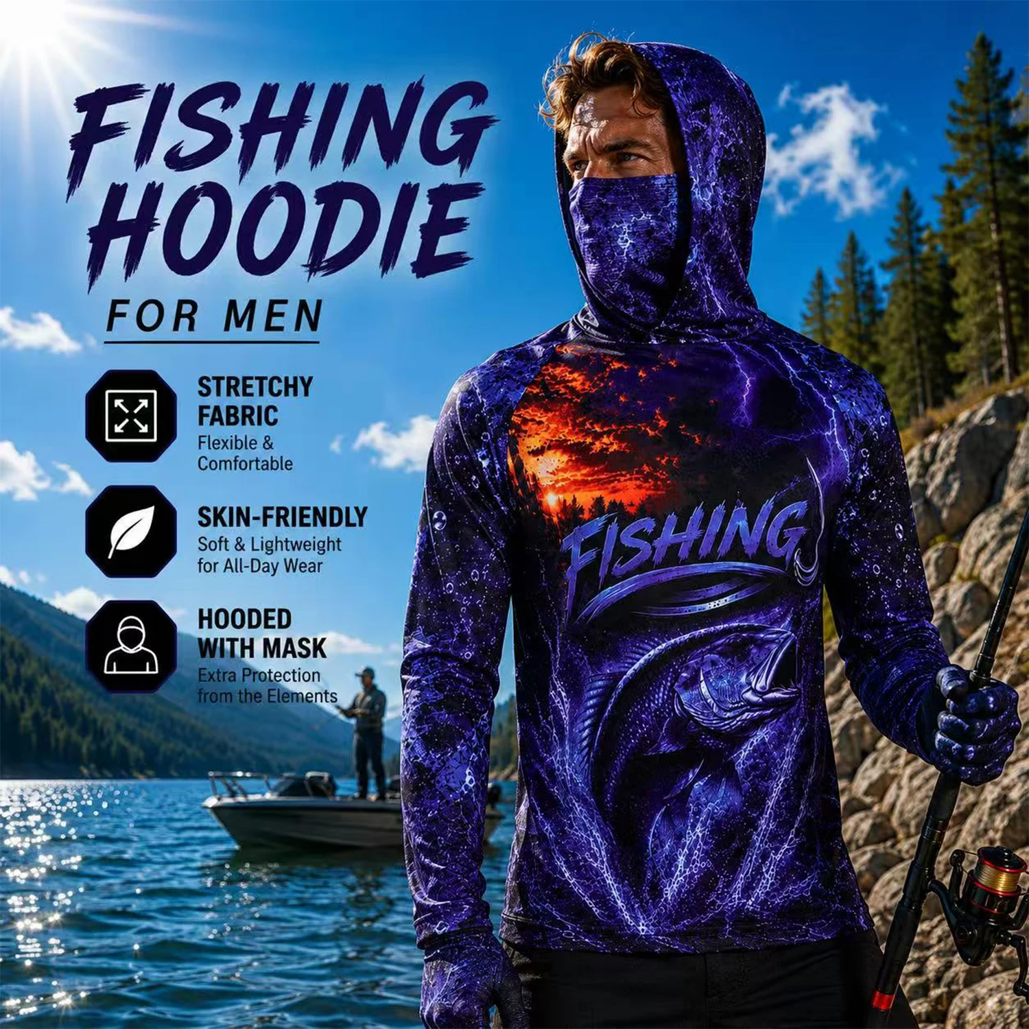 Fishing Shirt Uv Protection - เสื้อตกปลาแขนยาวพิมพ์ลาย 3D ลายปลาบาสสีม่วงสำหรับผู้ชาย ผ้าโพลีเอสเตอร์ ป้องกันรังสียูวี พร้อมฮู้ดและผ้าคลุมหน้าในตัว