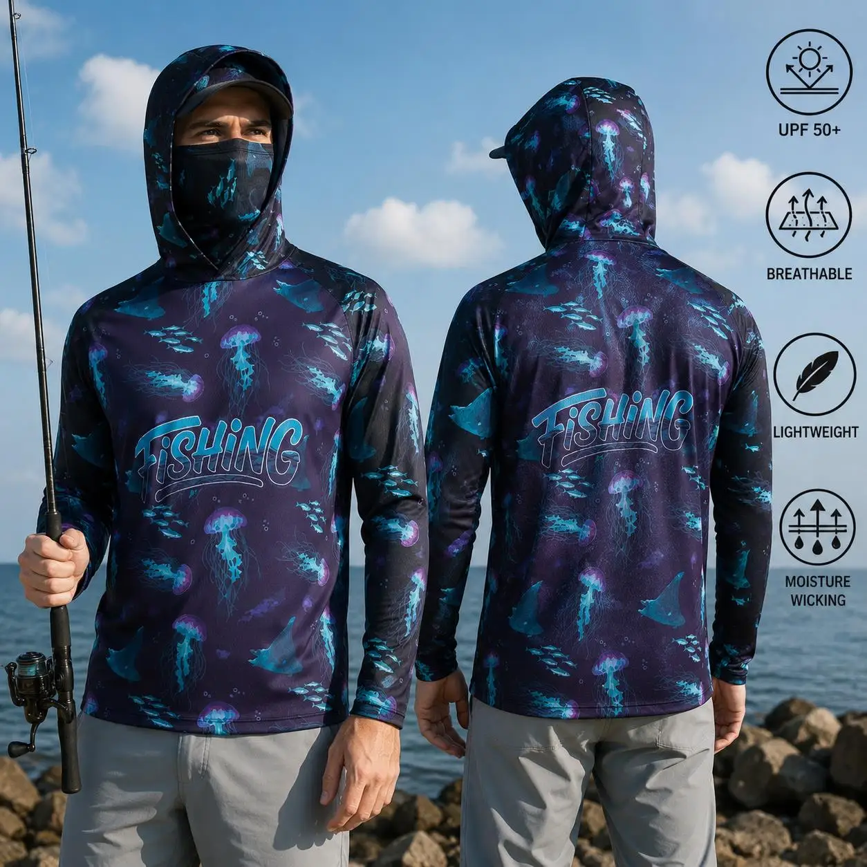เสื้อตกปลาแบบมีฮู้ดสำหรับผู้ชา - Fishing Mask Sun Protection บทวิจารณ์และราคา